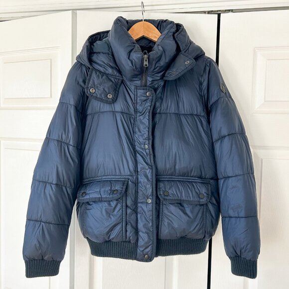 Abercrombie & Fitch Navy Puffer Jacket L Water Wind Resistant Hooded Coat - Picture 2 of 6